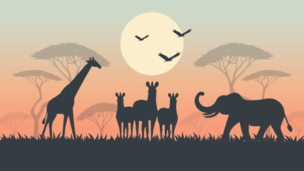 Animals Silhouettes in African Savannah at Sunset Vector Illustration.