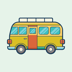 Stylized Yellow Camper Van with Roof Rack and Turquoise Windows Illustration