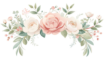 Fototapeta premium Elegant peony and rose garland with greenery and baby's breath. Soft pink and ivory tones, hand-painted in watercolor, transparent layout on white for borders and invitations