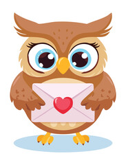 Adorable Owl with a Pink Heart Envelope