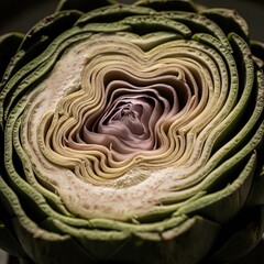 Close-up view revealing the intricate internal structure of a halved artichoke.