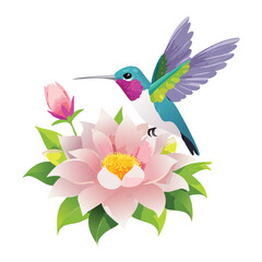 Hummingbird Hovering Near Blooming Flower