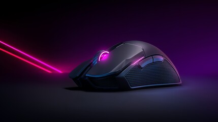 dark gaming mouse rests powerfully against a mesmerizing purple dark background
