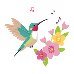 Obraz premium Hummingbird Flying With Flowers Music Notes