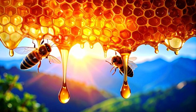 macro photo of a piece of honeycomb and two honey bees along with dripping and splashes of honey