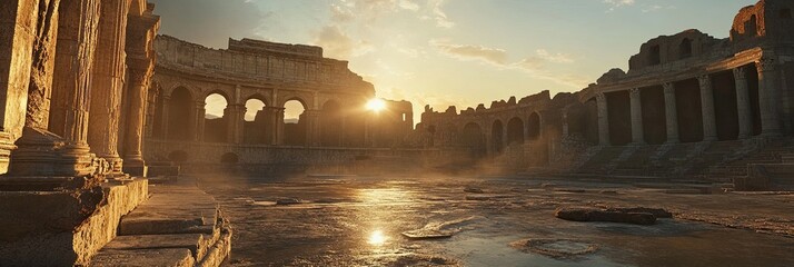 Ancient Roman amphitheater ruins bathed in golden hour light with intricate stonework 