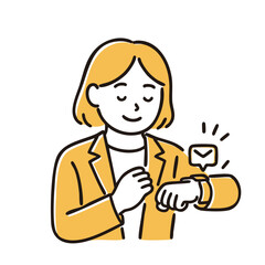 Woman nodding at smartwatch notification, minimal line art illustration