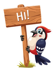 Happy Woodpecker Holding Up Hi Signboard