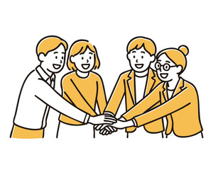 Business team of four joining hands in partnership, minimal line art illustration