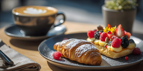 Croissant and Fruit Tart with Cappuccino pastry berries