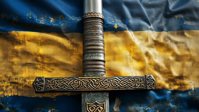 A traditional sword featuring detailed engravings lies on a blue and yellow flag symbolizing cultural heritage and historical significance