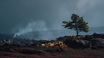 Lone Tree Amidst Volcanic Landscape Under a Dark Sky