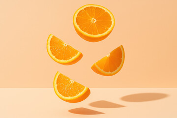 Floating orange wedges and half slice with vibrant shadows on pastel background