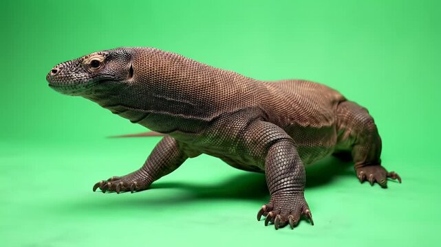 Powerful Komodo Dragon Isolated on Vibrant Green Screen Background, Full Body Studio Shot of Large Monitor Lizard for Easy Compositing