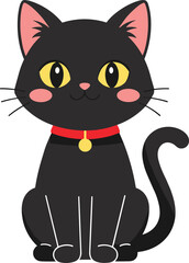 Cute black cat with red collar, cartoon illustration, Halloween pet design, adorable feline character, children's book art, sitting animal pose