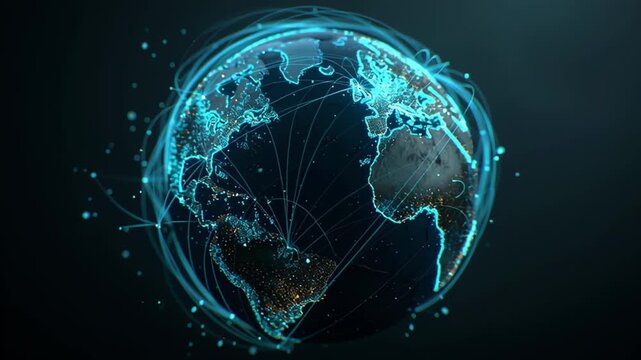 Futuristic planet rotation with internet data streams artificial intelligence and global networks. Rotating digital earth showcasing global technology communication blockchain and cybersecurity.
