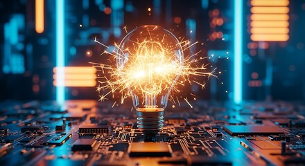 Bright light bulb ignites on futuristic circuit board with neon blue glow