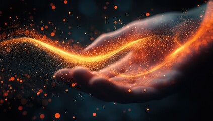 Obraz premium A hand cradles a glowing, orange-yellow energy stream. Particles swirl around the hand