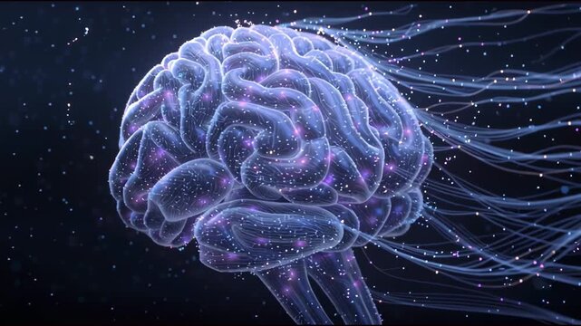 Human brain neural network animation for artificial intelligence and medical education. Glowing synapse network in 3d brain animation showcasing thinking and consciousness.