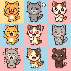  9 random adorable cartoon cat icons in kawaii style. Perfect for stickers, children's products, mobile apps, or cute animal-themed prints. Clean vector design suitable for commercial use.