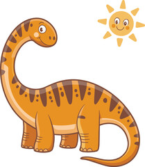 Cute cartoon dinosaur illustration, smiling sun in background, fun children's design, educational image for kids, happy prehistoric animal, playful artwork