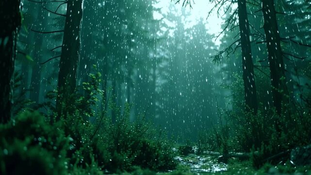Lush green rain forest with peaceful stream and immersive cinematic ambiance. Atmospheric nature scene with rain forest sounds