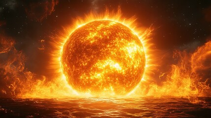 Obraz premium Massive Glowing Sun with Fiery Prominences over a Cosmic Ocean