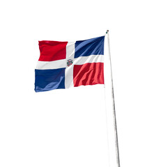 Flying and waving flag of Dominican Republic on wind, closeup object. Isolated on transparent background