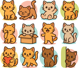 A collection of 12 adorable cartoon cat icons in kawaii style. Perfect for stickers, children's products, mobile apps, or cute animal-themed prints. Clean vector design suitable for commercial use.