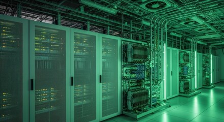 Server room with energyefficient design elements including green lighting and ecofriendly cooling solutions.