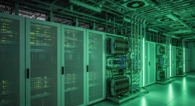 Server room with energyefficient design elements including green lighting and ecofriendly cooling solutions.