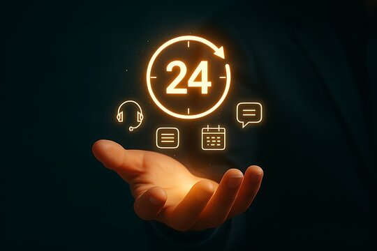 Hand holding glowing 24 hour service and support icons against a dark background