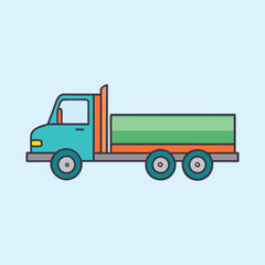 Stylized illustration of a teal and green flatbed truck on light blue