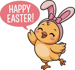 Cute chick wearing bunny ears, pink bow tie, happy Easter greeting, cheerful cartoon style, festive holiday illustration, joyful spring character