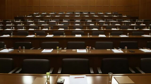 Empty Modern Auditorium with Rows of Wooden Desks and Black Chairs, Prepared for a Business Conference, Academic Lecture, or Political Session. For...