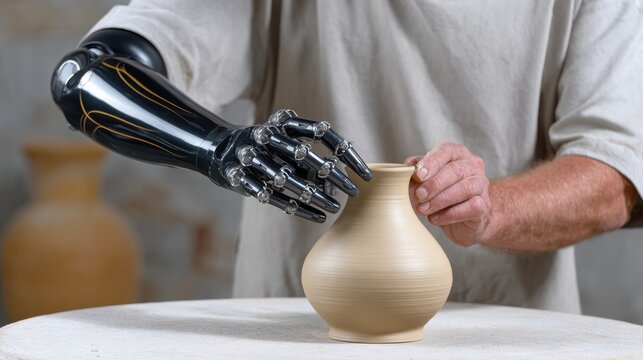 A person with a robotic arm shapes a clay pot on a pottery wheel, blending technology and traditional craftsmanship.