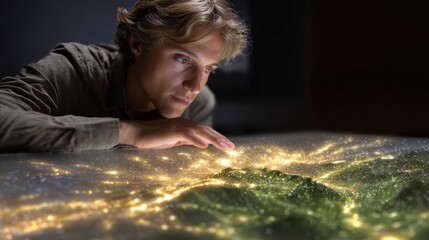 A young man intently examines a glowing, illuminated 3D map or model, highlighting a network of city lights in a dark room.