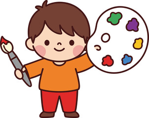 Cute child artist holding paintbrush and palette, colorful painting tools, adorable illustration, creative kids artwork, cartoon character, school education content