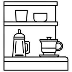 A corner countertop with a compact espresso machine, stacked cups, coffee jar, and wall-mounted shelves. Sleek and organized.
