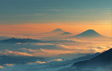Orange and Blue Sunrise Over Misty Mountain Peaks