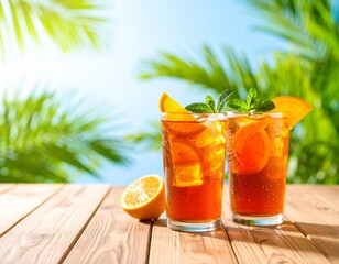 Refreshing iced tea with orange slices and mint garnished on a wooden table