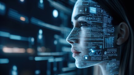 A futuristic profile of a woman overlaid with digital data and holographic interface elements, symbolizing AI, technology, and human-computer interaction.