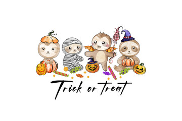 Trick or treat adorable sloths in halloween costumes with candy and pumpkins Sublimation Design isolated on transparent background