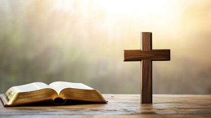 wooden cross and an open Bible on a wooden table with a blurred nature background, conveying the concept of Christianity or a message from God,  religious or spiritual themes.