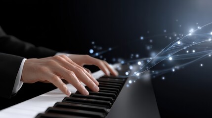 Fototapeta premium Hands playing piano keys with digital light effects symbolizing music and technology fusion.