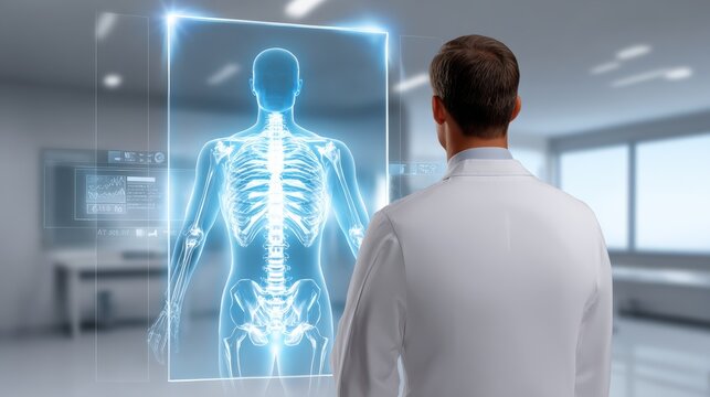 A doctor examines a futuristic digital X-ray display showing a human skeleton in a high-tech medical setting. - Powered by Adobe