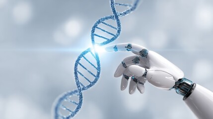 A robotic hand interacts with a glowing DNA double helix, symbolizing the fusion of biotechnology and artificial intelligence.