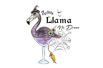Witchy Llama in a Martini Glass Halloween Animal Illustration Sublimation Design isolated on transparent background