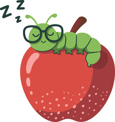 Cute green caterpillar wearing glasses, sleeping peacefully on red apple, cartoon insect illustration for children, education, nature, and learning materials