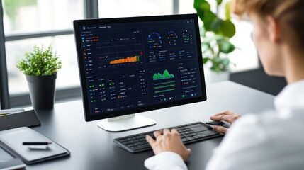 Person analyzing data and performance metrics on a desktop computer in a modern workspace with a plant and office supplies.